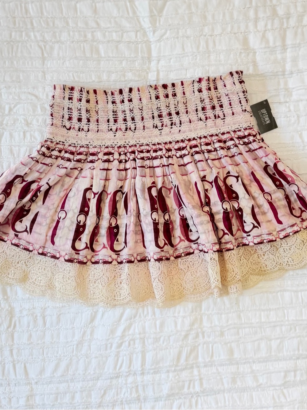 Gucci Pink & Burgundy Printed Smocked Mini Skirt with Lace Hem